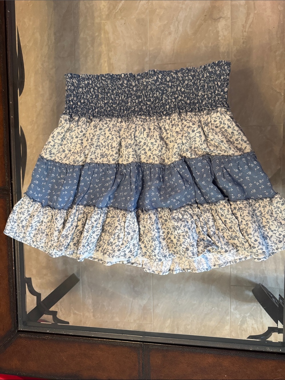 American Eagle Outfitters Blue and White Floral Smocked Tiered Mini Skirt
